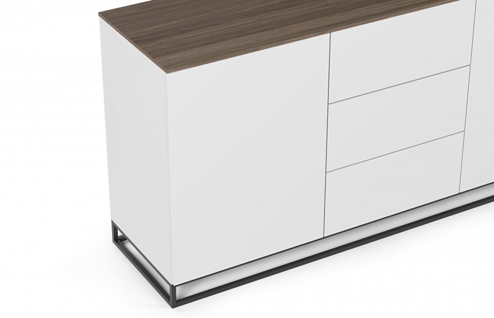 Buffet WHITY 2 blanc mat 180cm 2 portes/3 tiroirs Plateau en bois noyer avec pieds noir métal